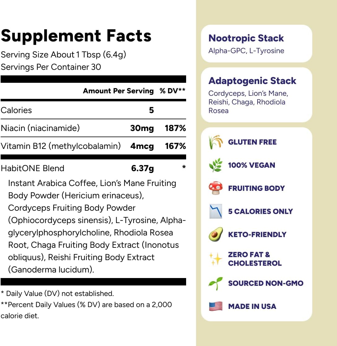 Mushroom Coffee Made in USA - 10 in 1 Blend - Great Taste - Smooth Energy - No Bloating with Lion’s Mane, Cordyceps, Reishi, Chaga - Adaptogens & Nootropics – 30 Servings