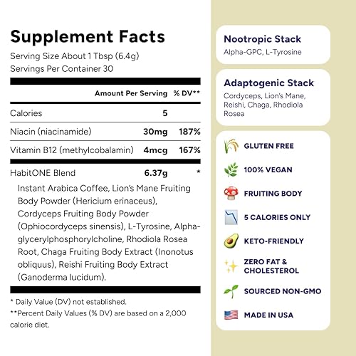 Miniatura 2 de HabitONE - Café orgánico de hongos instantáneos Arábica  Melena de León, Cordyceps, Reishi y Chaga  Alpha-GPC + L-Tirosina, B12 y B3  Mejor energía,
