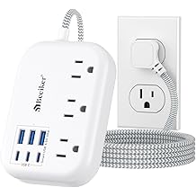 6 USB(3 USB C) Power Strip- Travel Power Strip with 6 USB Desktop Charging Station 24W/4.8A and 3 Outlets, 5Ft Flat Plug Braided Extension Cord, Non Surge Protector for Cruise Ship Travel Office Dorm