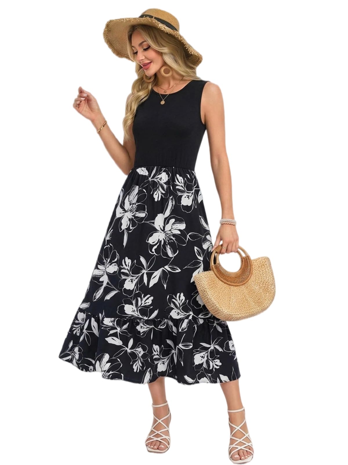 YUTILA Damen Sommerkleid Ärmellos Maxi Kleid Rundhals Zweiteilig Look Luftig Freizeitkleid mit Blumenmuster Elegant & Casual
