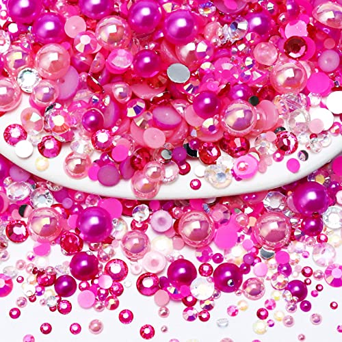Towenm 60g Mix Flatback Pearls and Rhinestones for Crafts, 2-10mm Pearl Nails Face Art Tumblers, Mix Pearls, with Picker Pen, Light Pink|Hot Pink|Clear