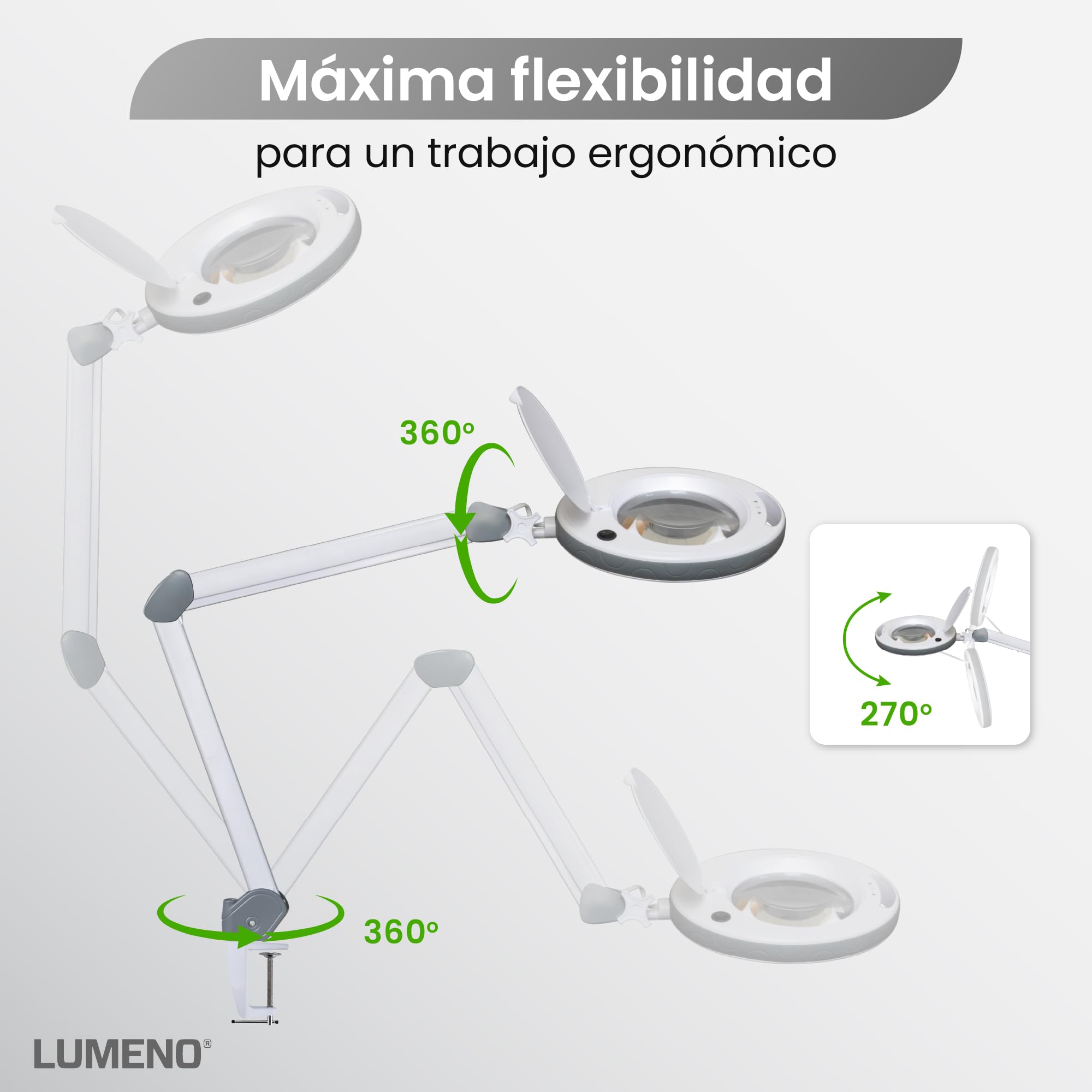 Lumeno 8513GR Lámpara lupa LED con gran lente de cristal auténtico de 152 mm, luminosidad regulables, adecuada como lámpara de trabajo, de aumento, ayuda de lectura, lupa estetica, 3 dioptrías gris