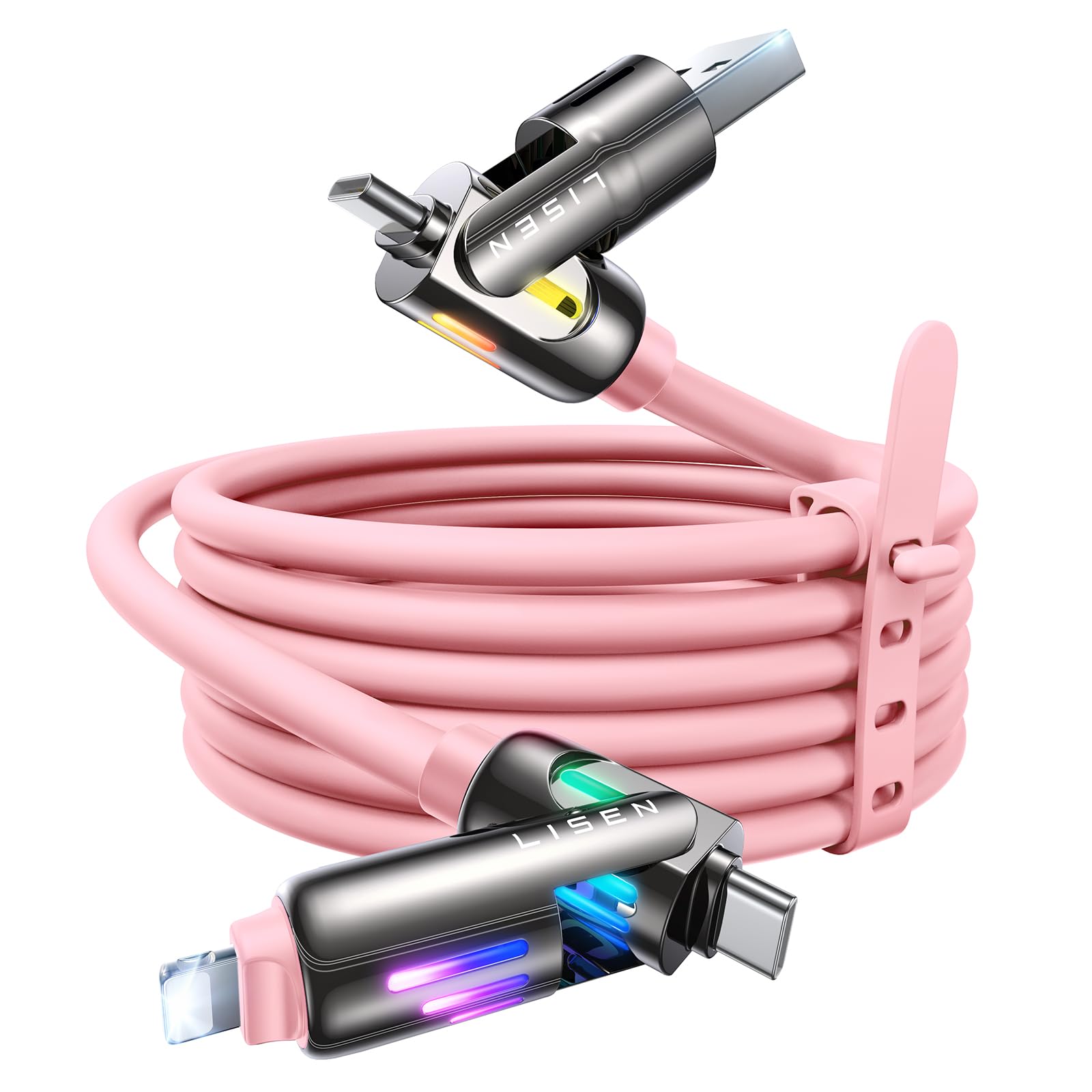 LISEN Pink iPhone Charger Cable, 240W Chubby USB C, 4 in 1 Charging Cable (6.6FT) with Light, USB A/C to C/L Multi Charging for iPhone 16 15 14 Pro Max/MacBook/iPad Pro/Samsung, Pink Accessories