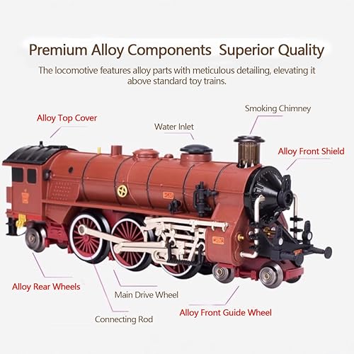Miniatura 4 de Juego de tren eléctrico de aleación con luces y sonidos, modelo clásico de locomotora de vapor con pista larga y carruajes, juego de locomotora
