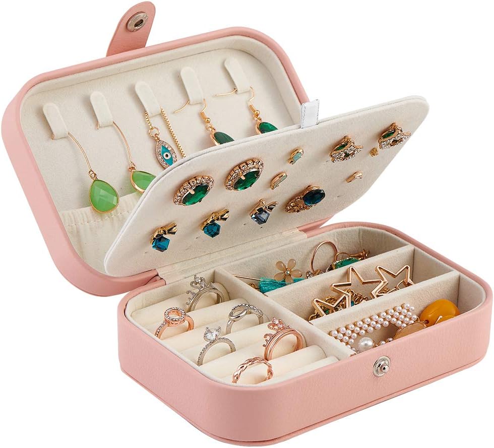 Tasybox Jewelry Travel Organizer Small Jewelry Box Leather Women Girls Traveling Jewelries Case and Portable Jewellery and Accessories Storage Holder, Pink