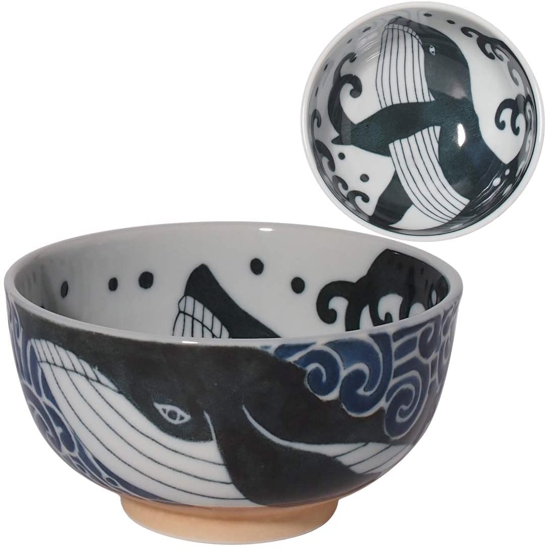 Juego de 2 cuencos de arroz japoneses de cerámica Mino-yaki, 13 cm, diseño de ballena, azul, fabricado en Japón