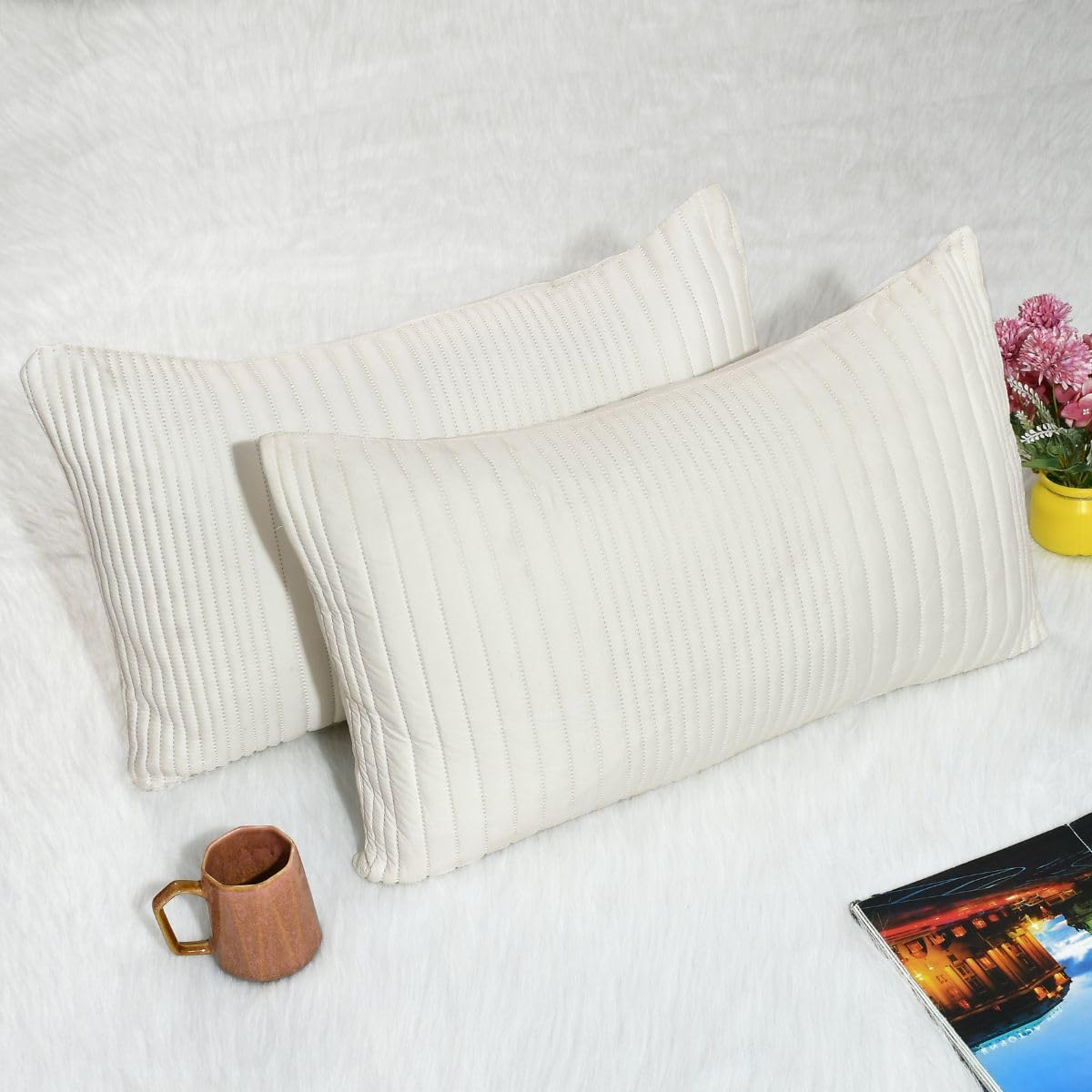 Apala Premium Cotton Quilted Pillow Cases Set of 2 | 300 Thread Count | Ultra-Soft & Cooling | Breathable Skin & Hair Friendly Pillow Covers | 17 x 27 Inches | Cream-image-6