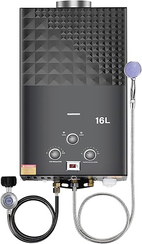 Gooble Calentador de agua sin tanque portátil para exteriores, calentador de agua de gas instantáneo de propano, 16 L, 4.3 GPM 32 KW, protección
