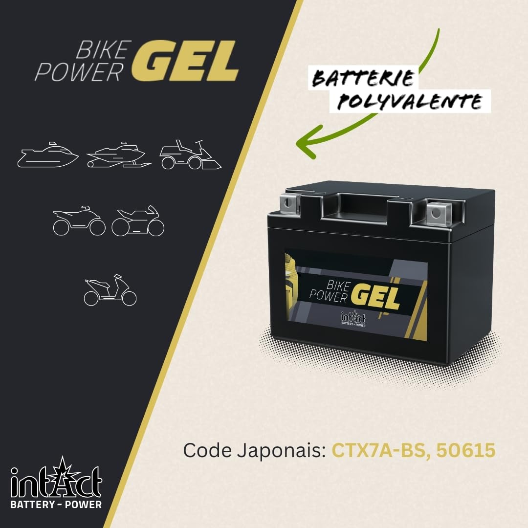 intAct - BATTERIE DE MOTO GEL Bike-Power GEL12-7A-BS. Remplace YTX7A-BS, YTX7A. Batterie 12V 6Ah 120A. Dimensions : 150x87x94mm. Avec jusqu’à 30% de puissance de démarrage en plus.
