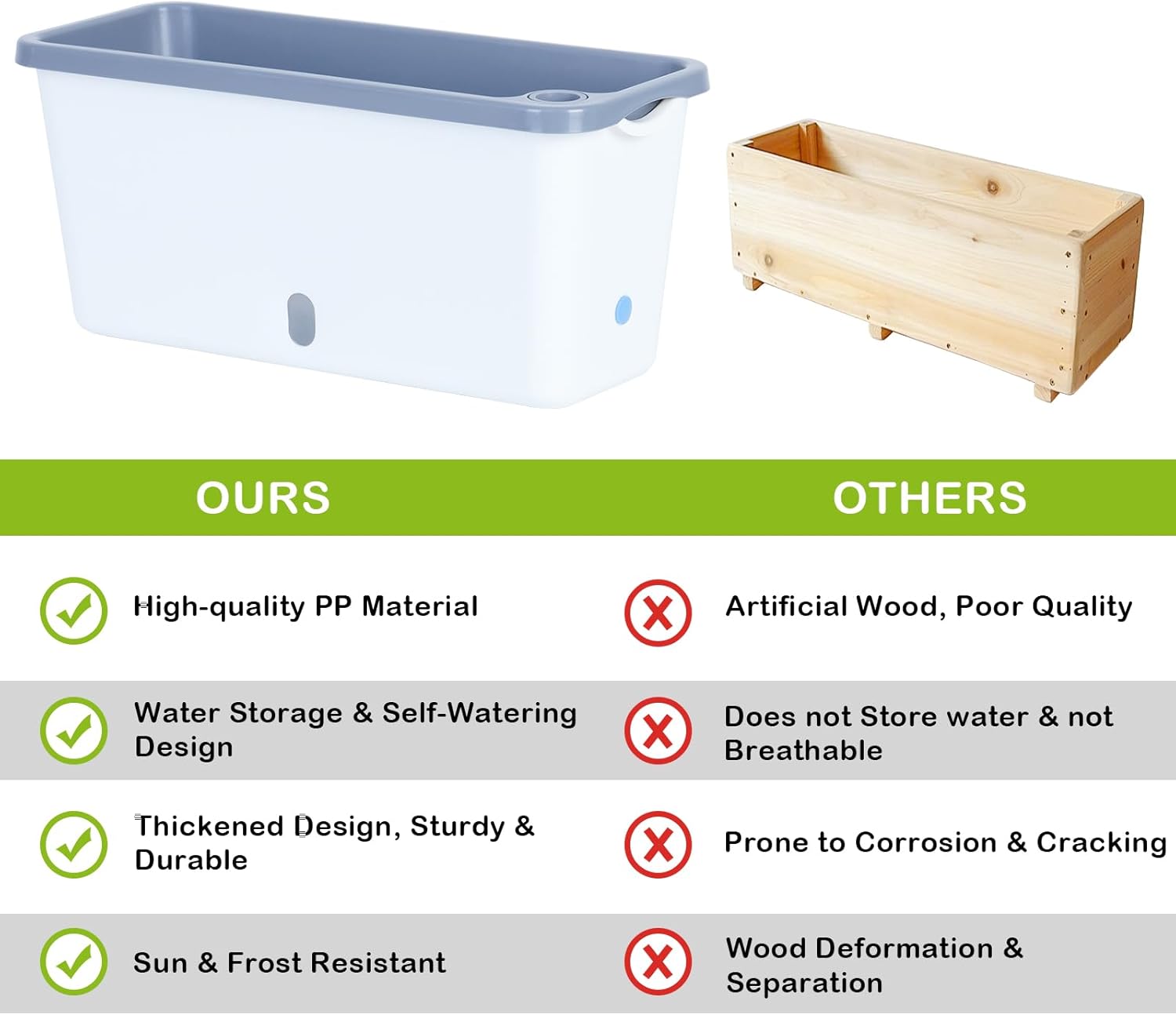 Oliz Window Box Planter 4 Packs, 14 Inches Rectangle Flower Pots with Breathable Drainage Holes, Pots for Vegetables, Herbs, Flowers, Garden Windowsill Balcony (White & Grey)