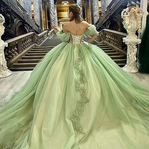 Glittering Green Sweetheart Quinceanera Dress Off Shoulder Beading Floral Applique Ball Gown2
