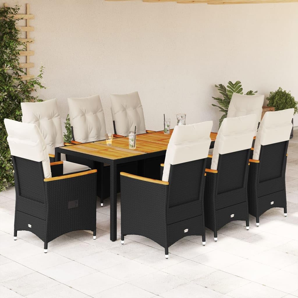 VidaXL Garten-Essgruppe 9-tlg. – Tisch + 8 Stühle Mit Kissen, Poly Rattan Schwarz, Hartglas-Tischplatte – Wetterfest, Für Terrasse & Garten