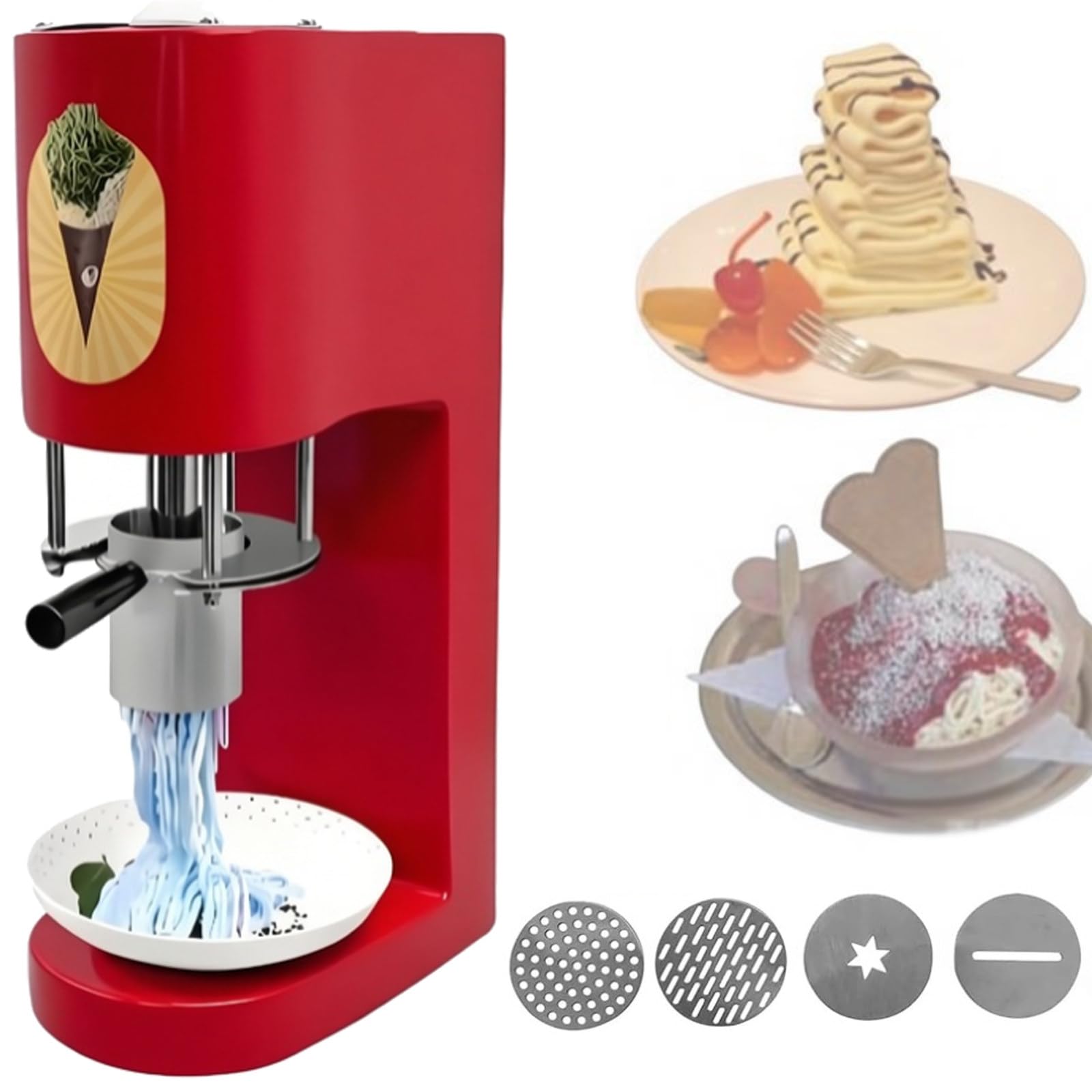 DOZPAL Professional Spaghetti Ice Cream Maker with 4 Interchangeable Molds, 80W Ice Cream Noodle Maker, Professional Ice Cream Noodle Extruder 28-30 L/H Output Red