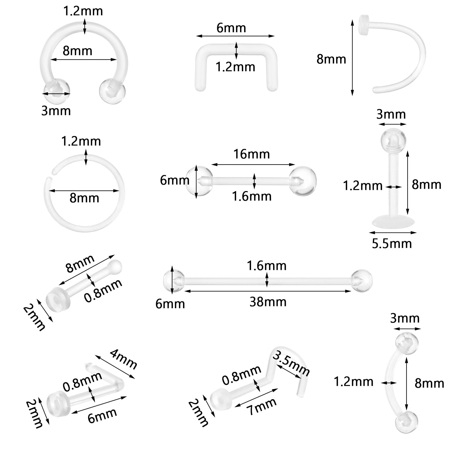 Tucnoeu 44-częściowy zestaw przezroczystych kolczyków do nosa, akrylowy, przezroczysty, piercing do brwi, wargi, nosa, języka, pępka, zestaw do piercingu, do pracy, chirurgii