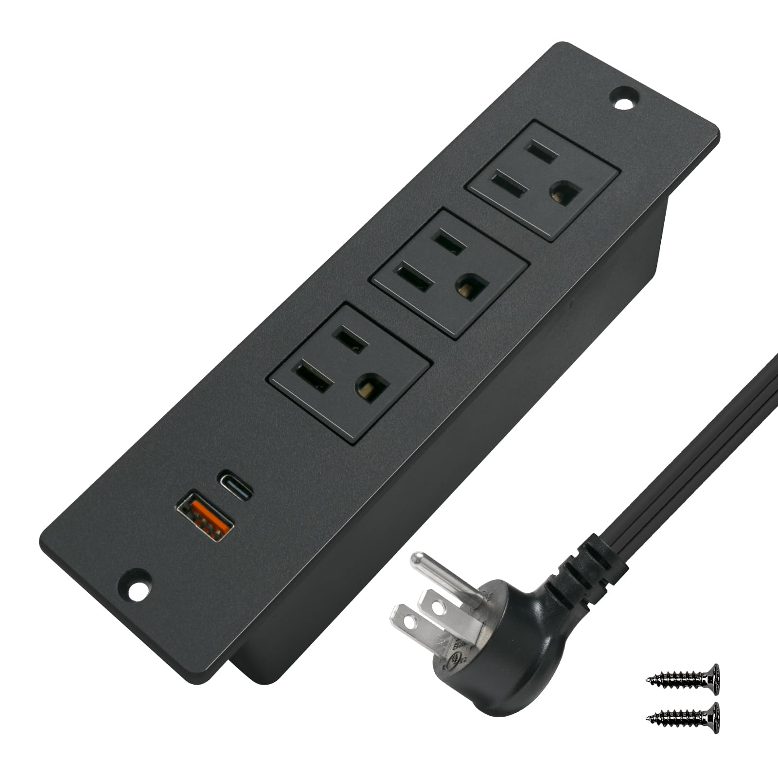 Recessed Power Bar with USB C Desk Power Strip 3 Outlets 2 USB (USB-C PD 20W &USB-A 18W, Total 20W) 10'ft Flat Plug Extension Cord Insert Mount for Tabletop Sofa Cabinet Nightstand Black
