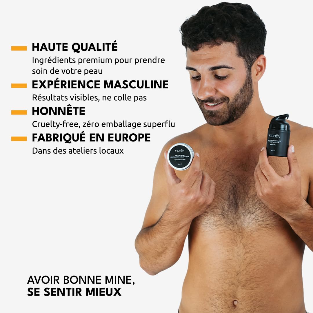 FETEN Coffret Soin Anti-Imperfections Homme - Gommage Visage + Crème Hydratante Matifiante Anti-Rides, Traitement Complet pour la Peau, Coffret Cadeau Homme