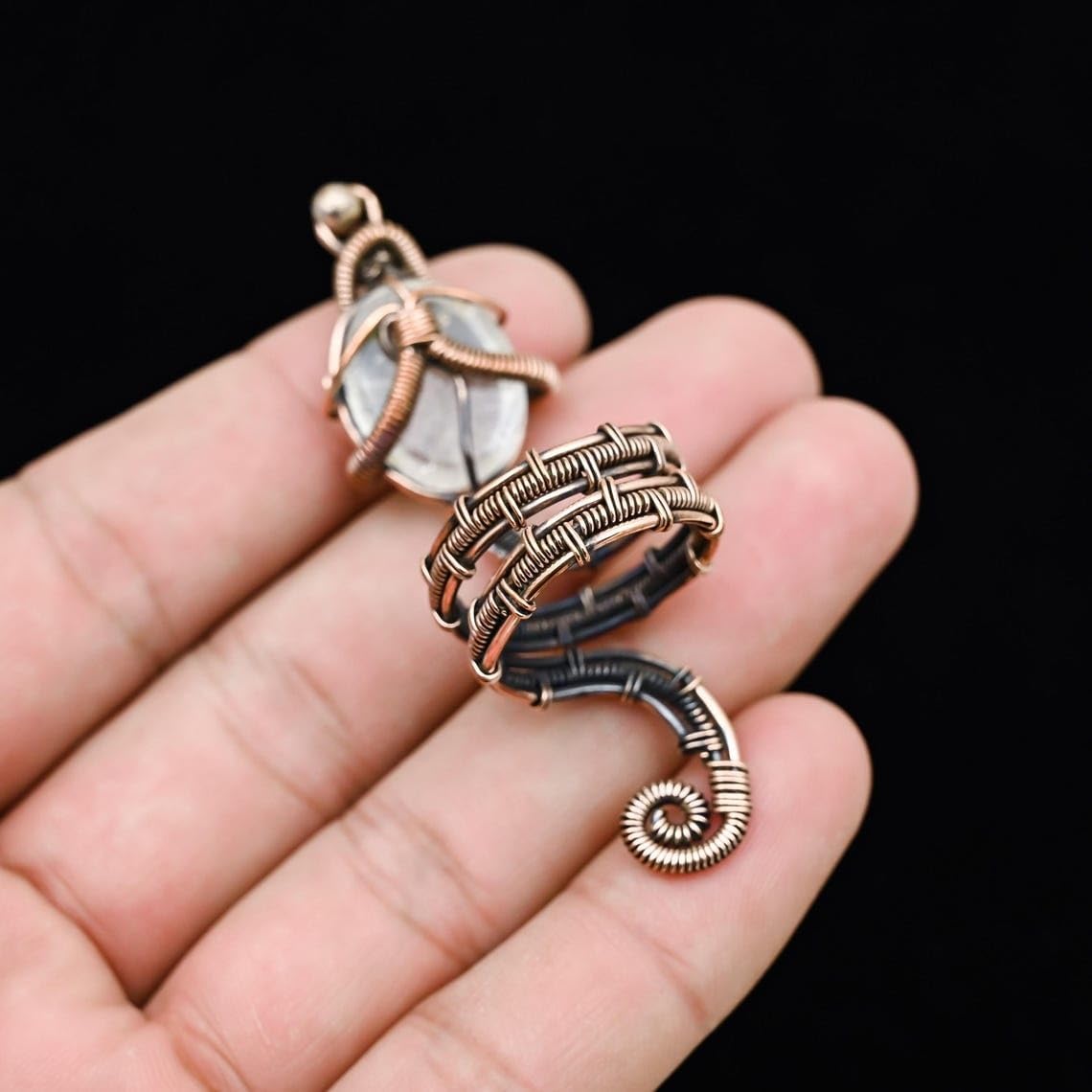 Black Rutile Quartz Copper Wire Wrapped Ring for Women – Handmade Boho Healing Crystal Jewelry, Adjustable Statement Ring, Spiritual Energy Stone Gift
