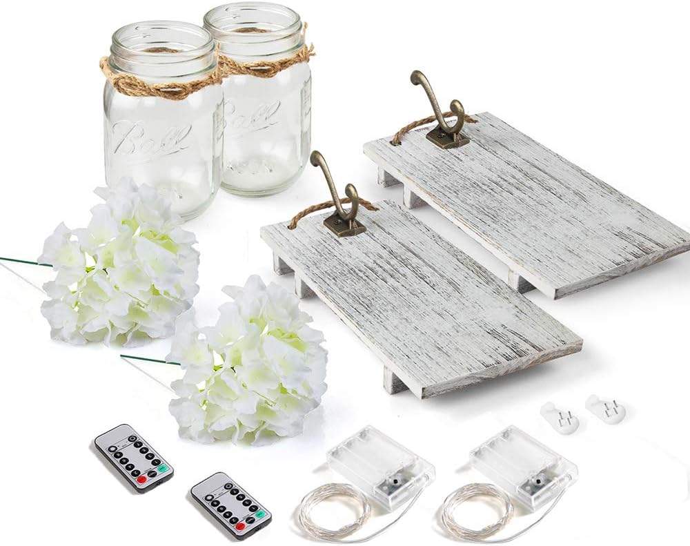 Rustic Wall Sconces Mason Jars Sconces with Remote Control LED Fairy Lights, Farmhouse Decor for Living Room Wall Decor of Bronze Retro Hooks, Silk Hydrangea Design for Home Decoration Set of Two : Home & Kitchen