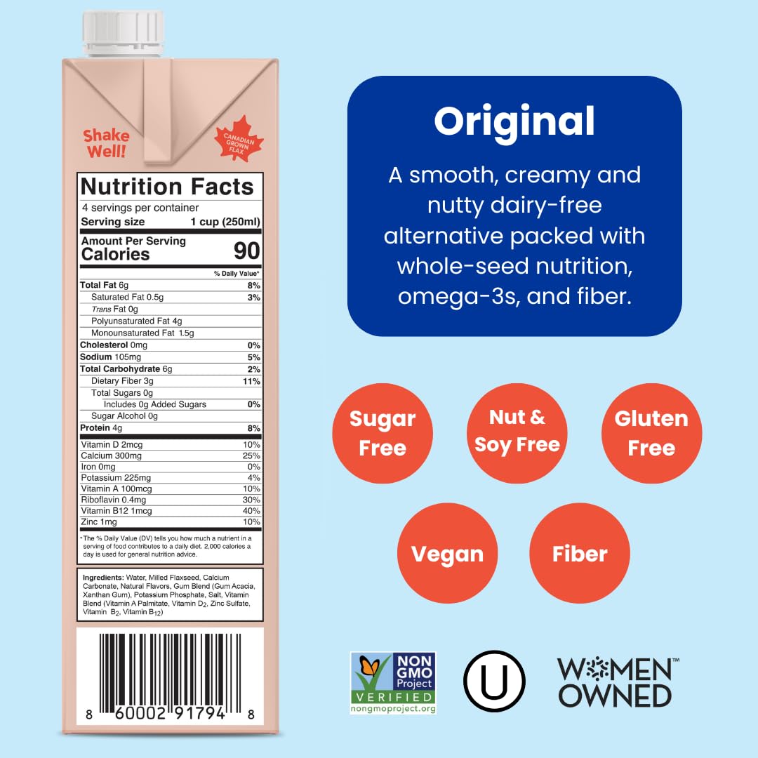 Manitoba Milling Company Original Flax Milk| Unsweetened | 3000mg ALA OMEGA-3 | 2 Tbsp Flaxseed per Serving | 4g Protein & 3g Fiber | Non-GMO, Plant-Based, Non-Dairy| Shelf-Stable, 32 oz (Pack of 6)