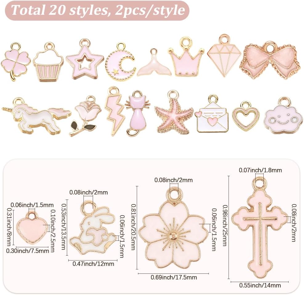 SUNNYCLUE 1 Box 40Pcs 20 Styles Assorted Pink Charms Gold Enamel Charms Bulk Metal Alloy Heart Bowknot Star Rose Flowers Animal Shaped Pendants for Jewelry Making Bracelet Necklace DIY Craft Findings - Image 2