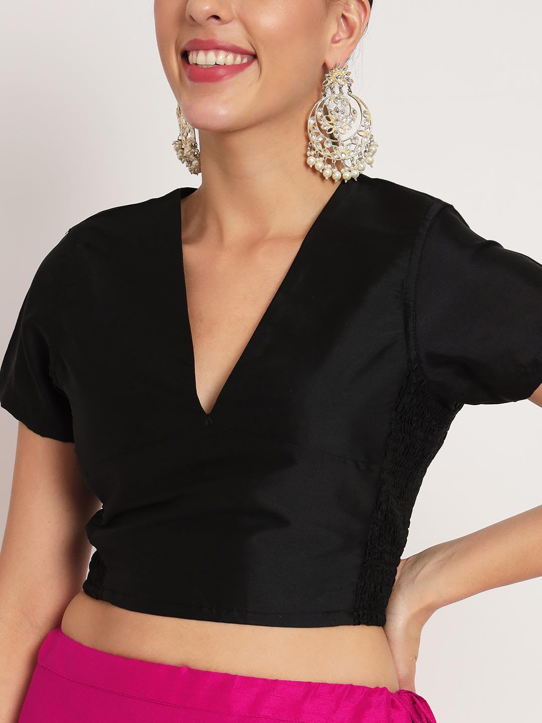studio rasa Women's Silk Blend Stretchable Readymade Saree Blouse for Festive Wedding Party (Tpwc52337S_BL_Black_Small) 2