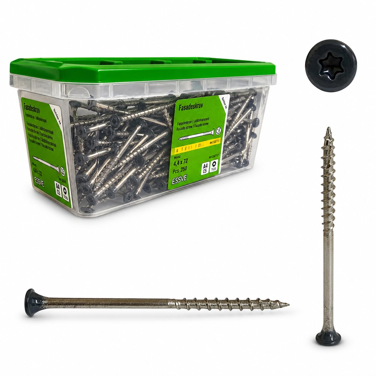 ESSVE Tornillos de fachada A4 4,4 x 72 mm, acero inoxidable C5, TX20, cabeza avellanada, RAL7016 – 250 unidades, tornillos para madera para exterior, fachada de madera, terraza y construcción de