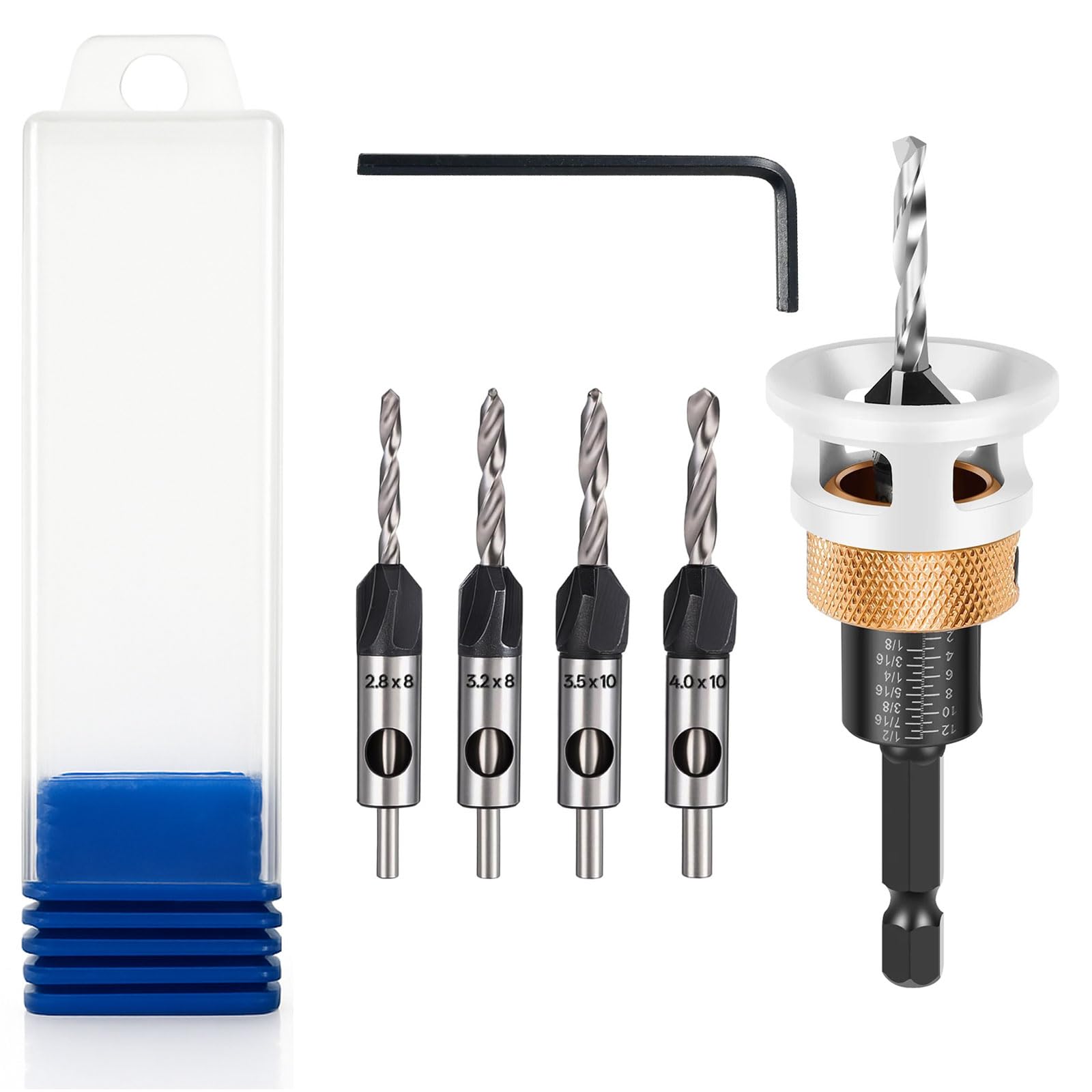 4Pcs Countersink Drill Bit with Low Friction Depth Stop, Replaceable HSS M2 Tapered Bits, 1/4 Inch Hex Shank, 82° Counter Sink Drill Bit for Wood, Plywood, MDF, Plastic