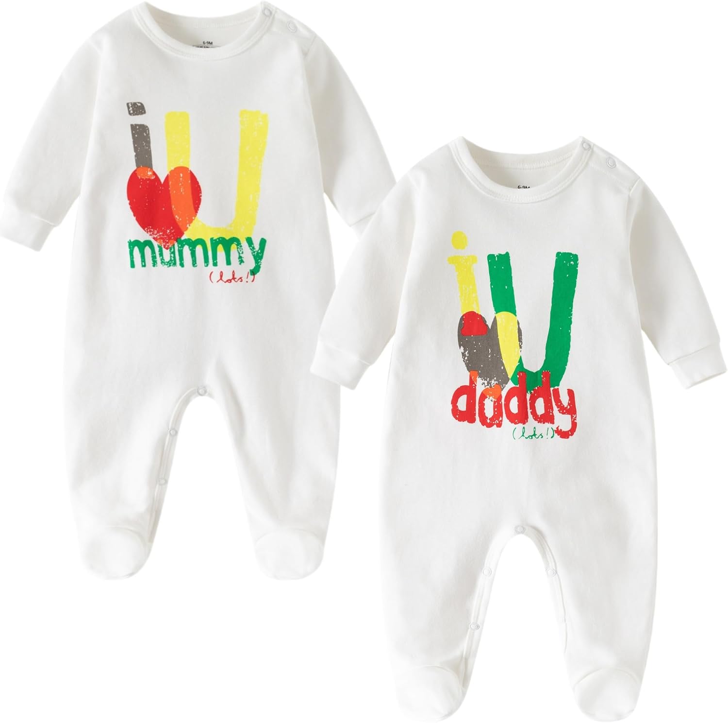 AOMOMO Baby Footed Pajamas 2 Pack, 100% Cotton Sleep and Play Outfits with Snaps, I Love Mummy Daddy Baby Clothes