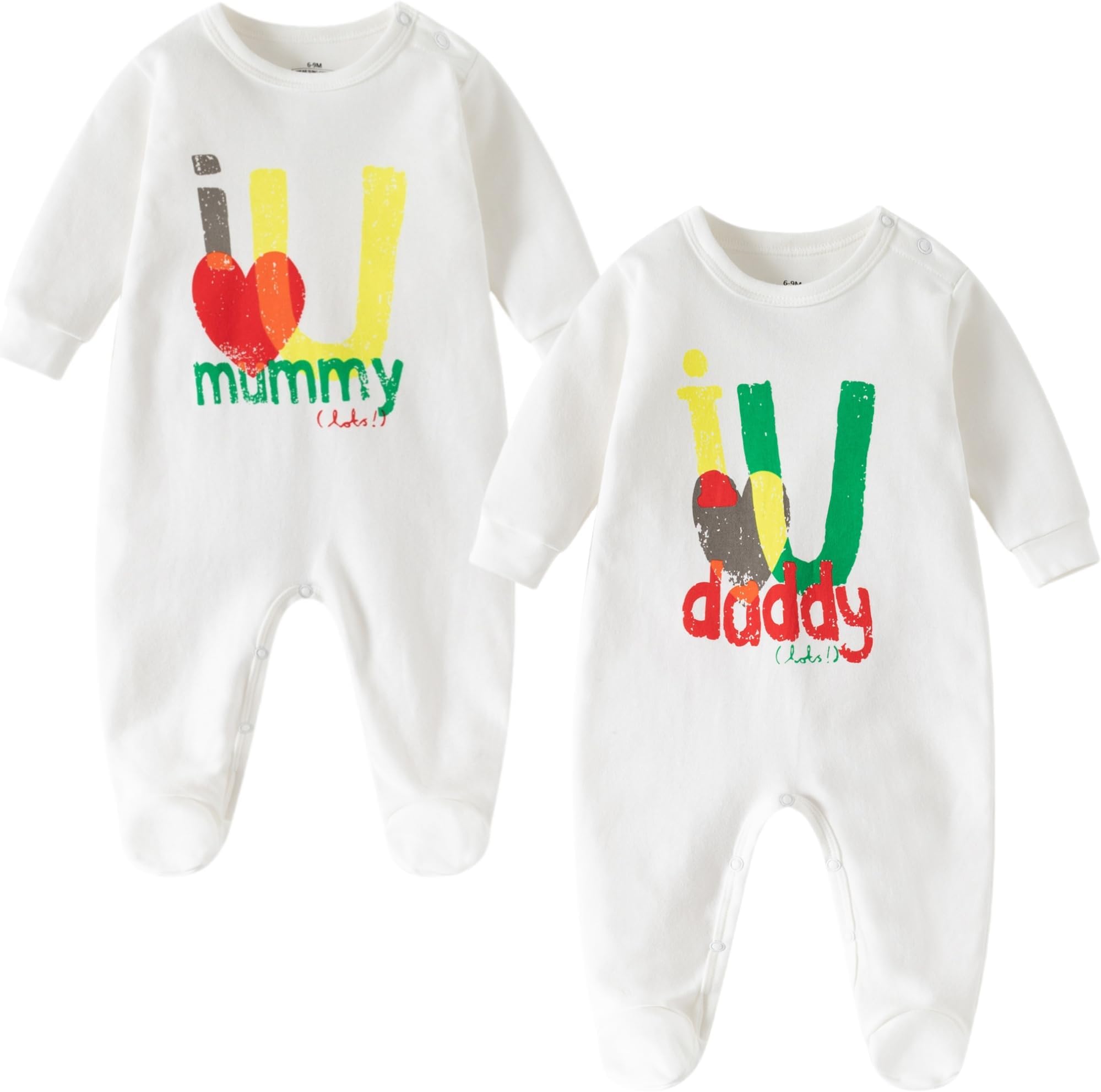 Unisex Baby Footie Pajama, Pack of 2 I Love Daddy and Mummy Print Long Sleeve Footie Sleepwear