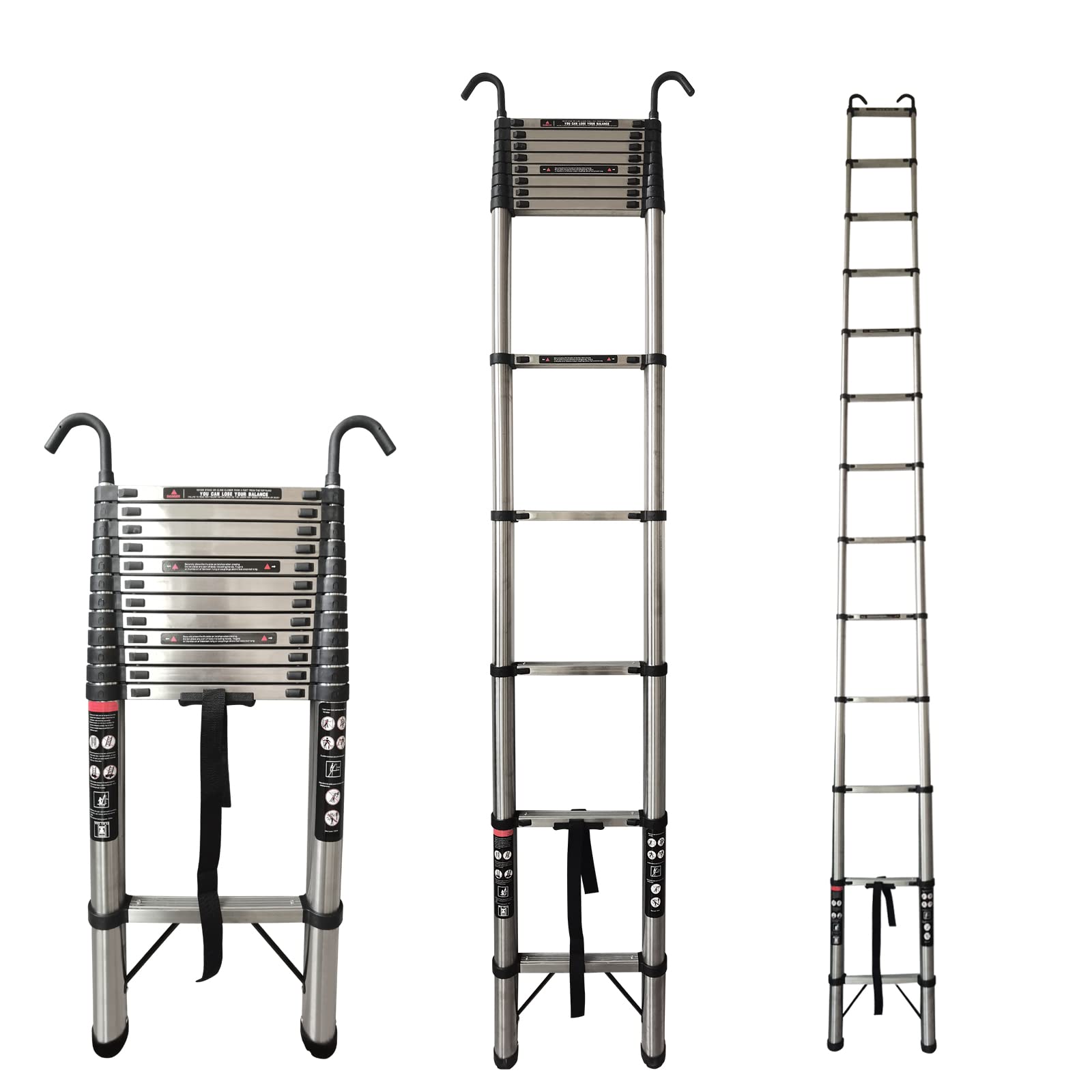 Stainless Steel Telescopic Ladder - 5M/16.4FT Extension Ladder with 2 Detachable Hooks, Multi-Purpose, 12 Steps, Max Load 150kg