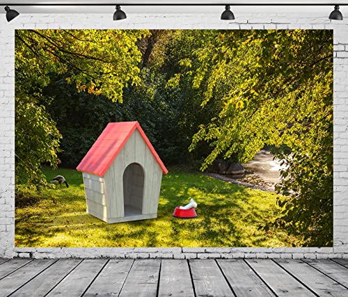 BELECO 1.5x1m Stoff-Hundehütte für den Garten im Freien, Hintergrund für Fotografie, Hundehütte aus Holz mit rotem Dach, grünem Gras, Wiese, Bäumen, Hintergrund für Geburtstagsparty-Dekorationen