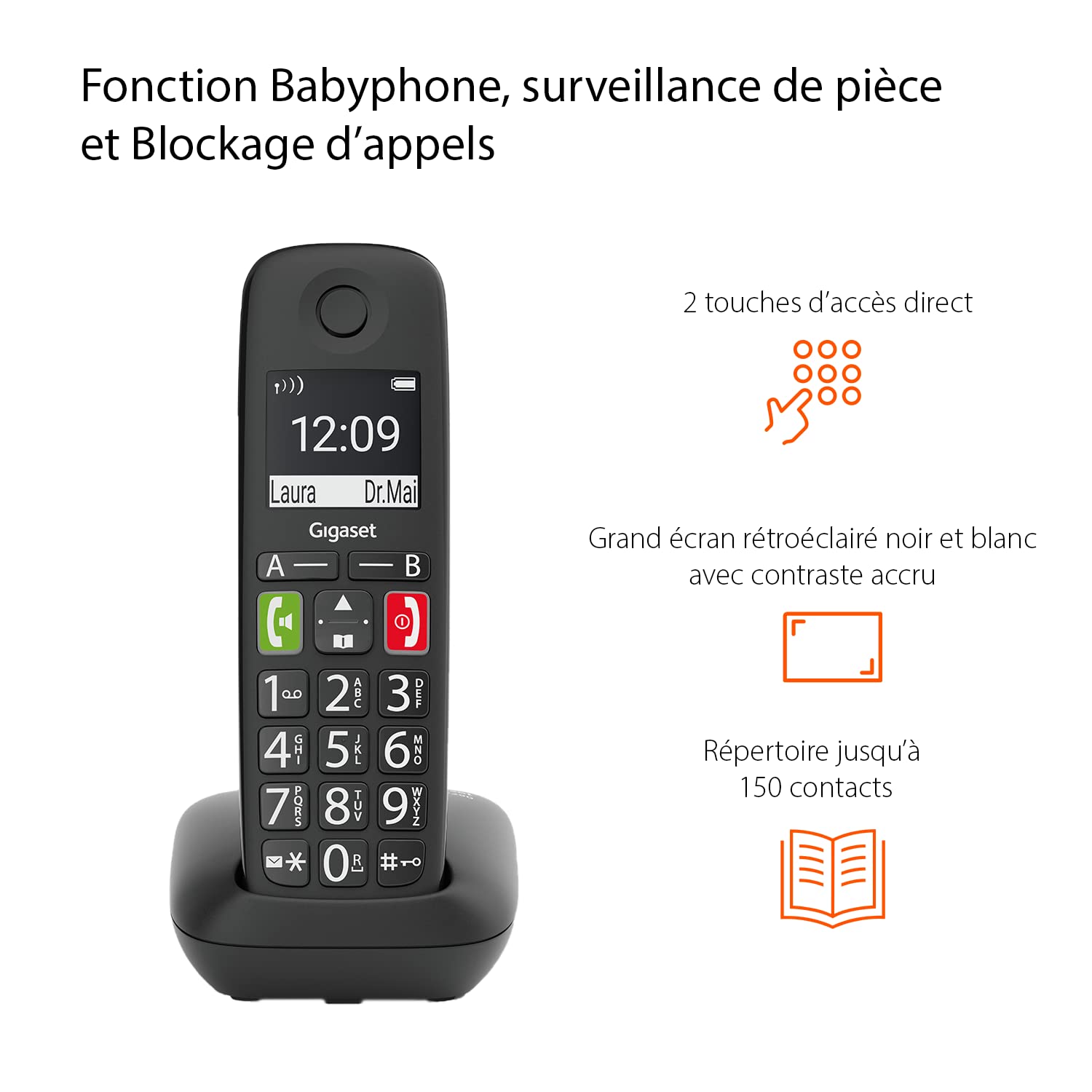 Gigaset Easy E294 - telefono DECT wireless per anziani - compatibile con apparecchi acustici - facile da usare, menu a schermo grande e tasti grandi, nero