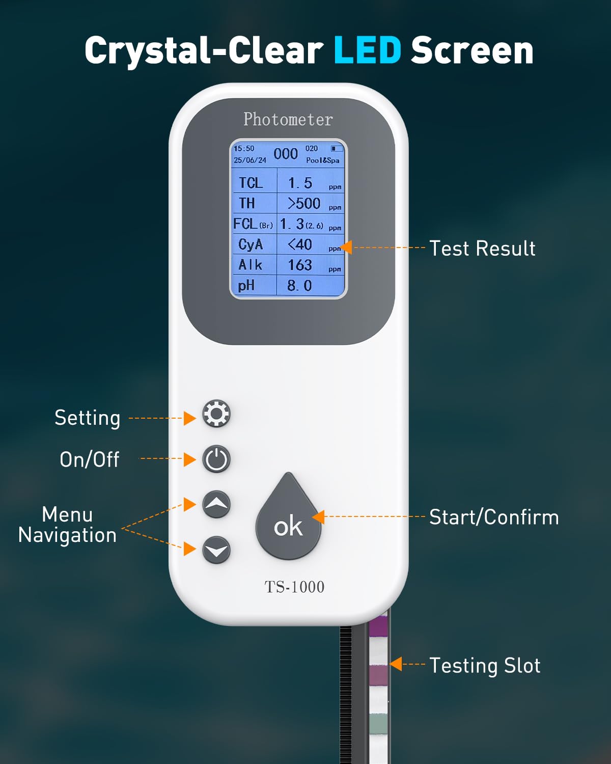 Pawfly 7 in 1 Kit Test Digitale Acqua 50 Strisce Tester per pH Durezza Totale Cloro Totale Cloro Libero Alcalinità Acido Cianurico e Bromo per Piscina e Idromassaggio