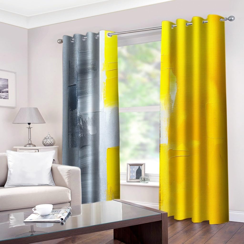 Rideau occultant gris jaune 140x175 cm | Lot de 2 draperies opaques à oeillets