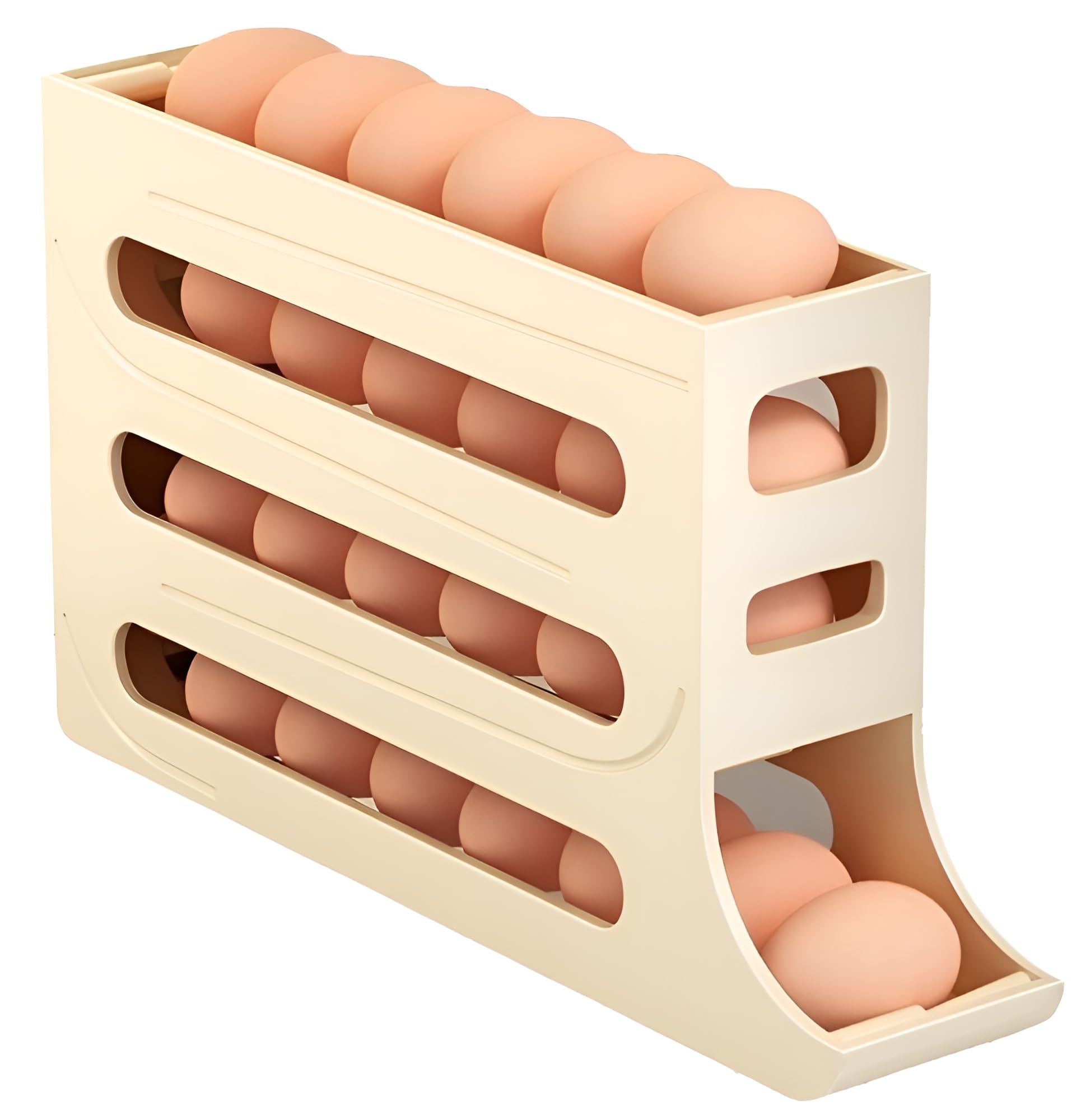 Upgraded Automatic Egg Dispenser Box for Fridge | 4-Tier Rolling Egg Storage Tray | Holds 30 Eggs | Space-Saving Egg Organizer, Basket, and Stand for Kitchen (BEIGH)