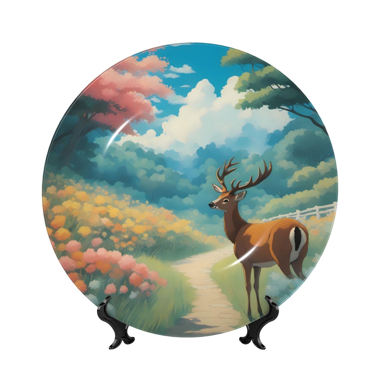 SXZVVBN cartoon deer Bone China Decorative Plate Art with Stand Removable Adhesive Hanging for Home Office 7in