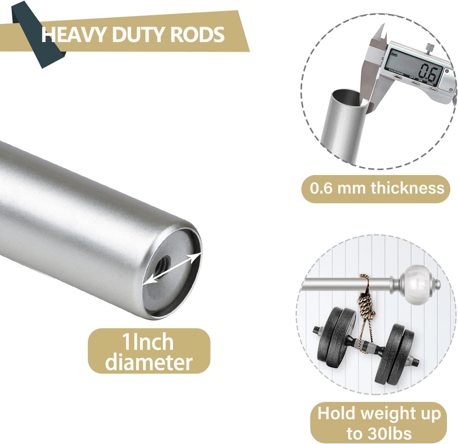 KAMANINA 1 Inch Silver Double Curtain Rods for Windows 36 to 72 Inches (3-6 Feet), Adjustable Heavy Duty Drapery Rod, Telescoping Dual Curtain Rod with Marble Ends