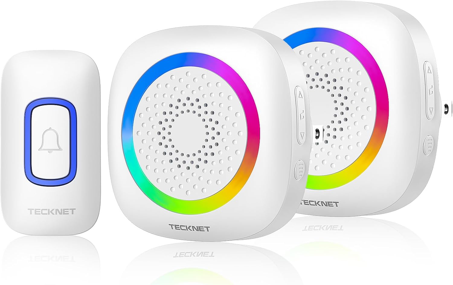 TECKNET Wireless Doorbell, Plug in Door Bells Wireless Cordless with 2 Receivers, IP66 Waterproof Wireless Door Chime Kit with RGB Light, 400M Wireless Range, 60 Chimes, 5 Volume Level (White)