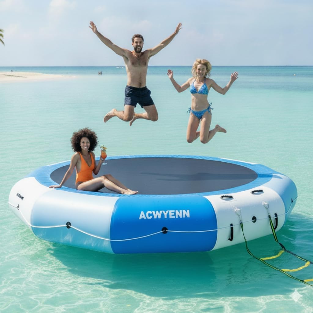 Inflatable Water Trampoline for Lake (No Pump) | Floating Water Trampoline with Rope Ladder and Mooring Ropes