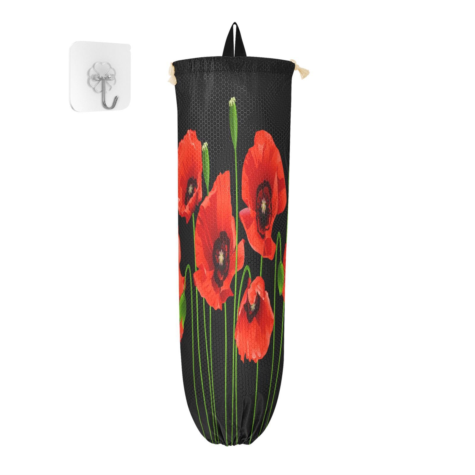 Porta sacchetti di plastica da appendere con bellissimi fiori di papavero per la spesa, organizer da cucina con papaveri rossi, sacchetti di plastica per la spazzatura e la spesa, per la decorazione