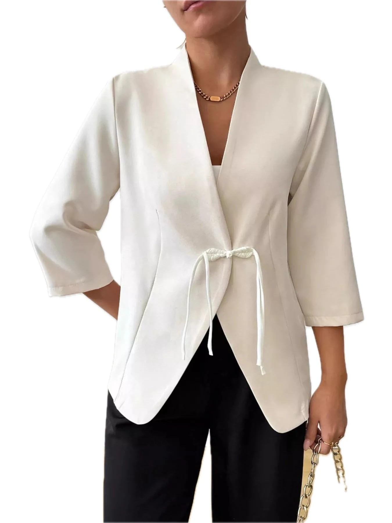 Womens Three-Quarter Sleeves Tied Blazer Open Front Business Casual Professional Workwear Elegant Chic Modern Jacket