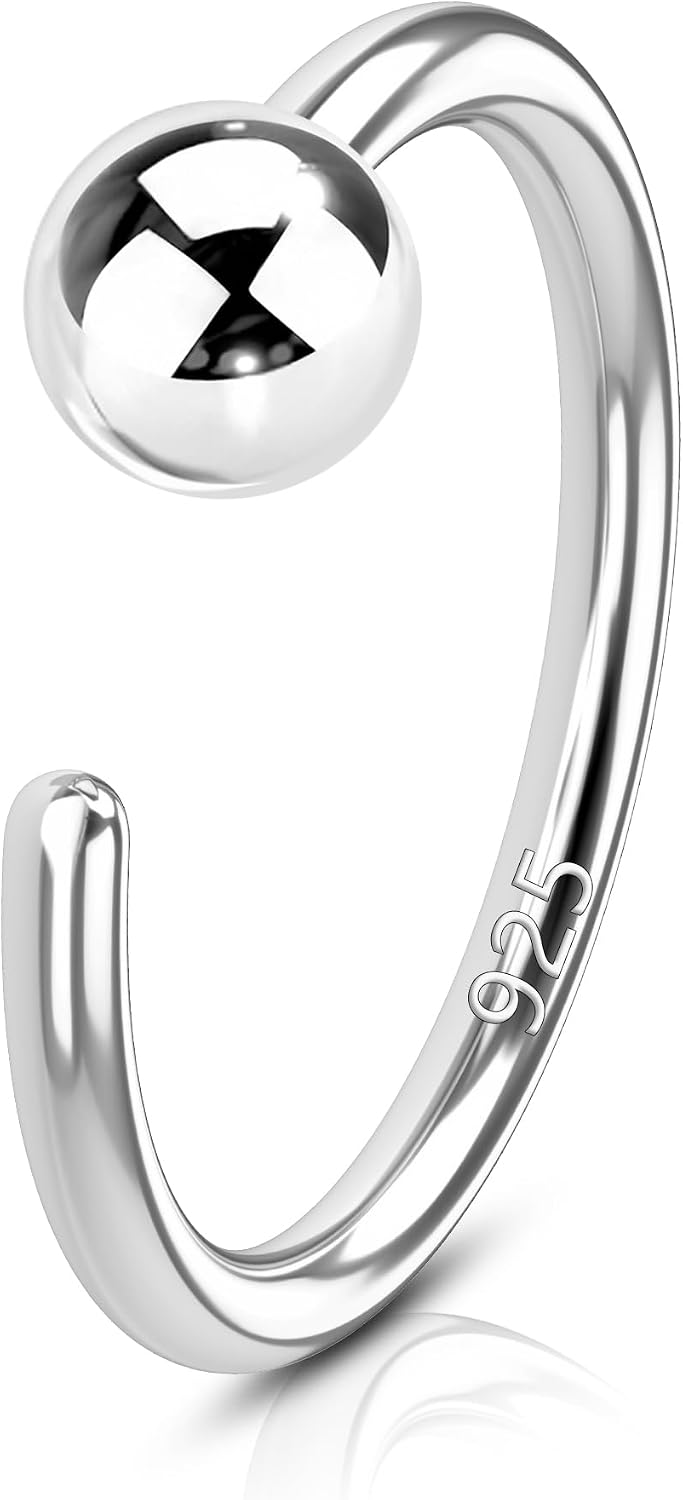 COCHARM 925 Sterling Silver Nose Ring Hoop, Small 20g Sterling Silver Half Hoop Nose Ring 8mm Ball Nostril Piercing Jewelry for Women Men Nickel Free