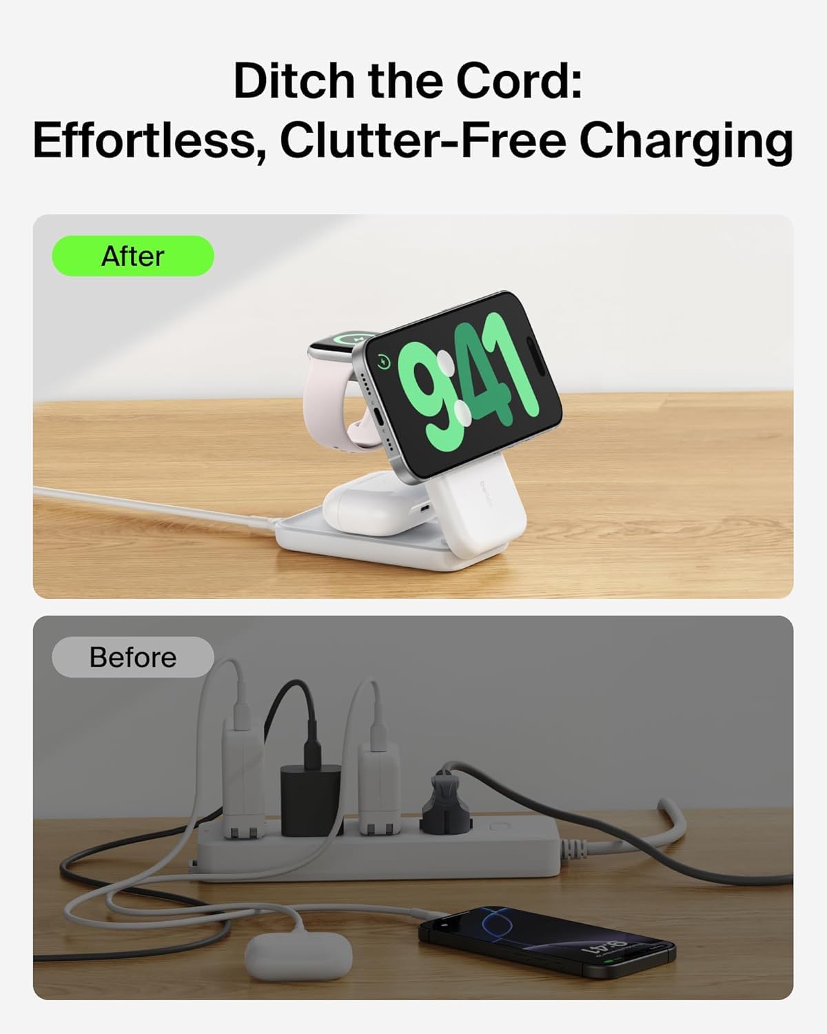Belkin UltraCharge - Caricatore magnetico wireless 25 W, 3 in 1, certificato Qi2.2, caricatore rapido MagSafe, stazione di ricarica per iPhone 17, AirPods, Apple Watch Pixelsnap con 45 adattatori