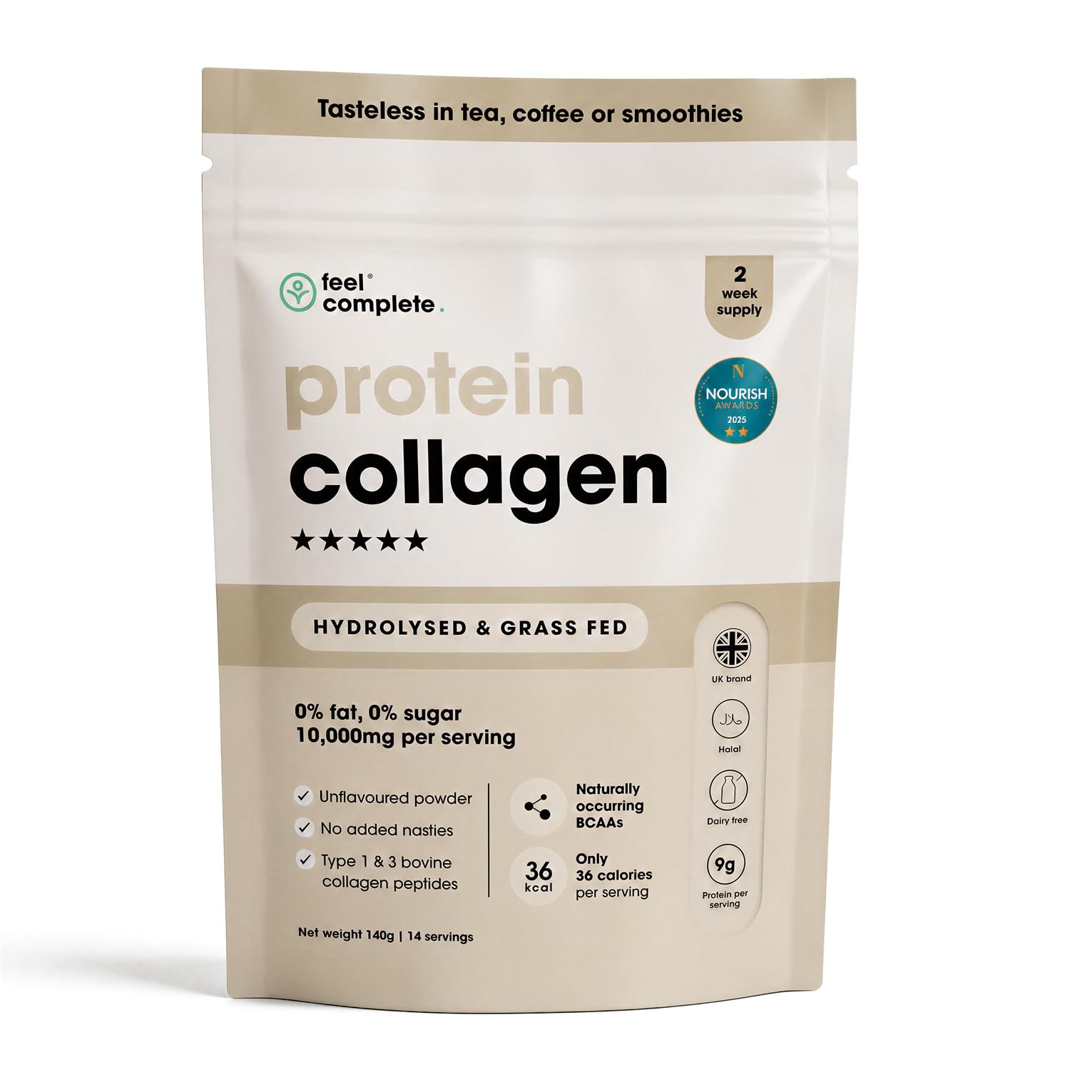 Feel Complete | High Protein Collagen Powder | No Sugar, No Sweeteners | Unflavoured | Grass Fed & Hydrolysed | Premium Type 1 & 3 Bovine Peptides | Halal | Skin, Hair & Nails | 140g | 14 Servings