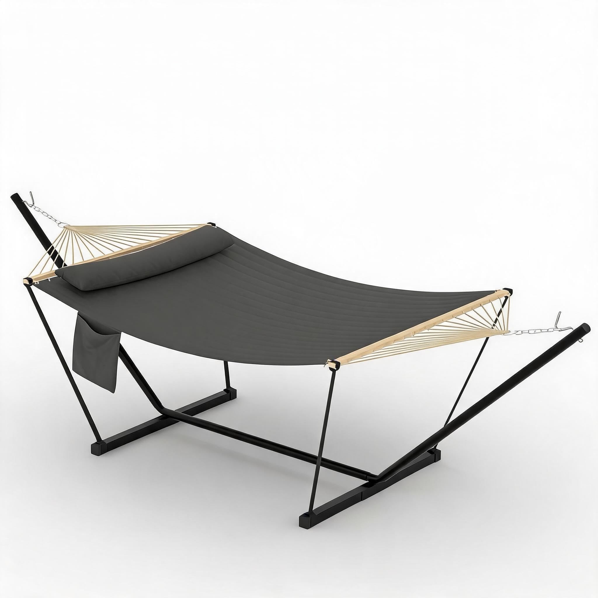GarveeLife Double Hammock for 2 People – 3.6m Large Garden Swing Bed with Wooden Spreader Bar, Detachable Pillow, Chains & t-Shaped Bracket, 204kg Capacity – Outdoor Dark Gray