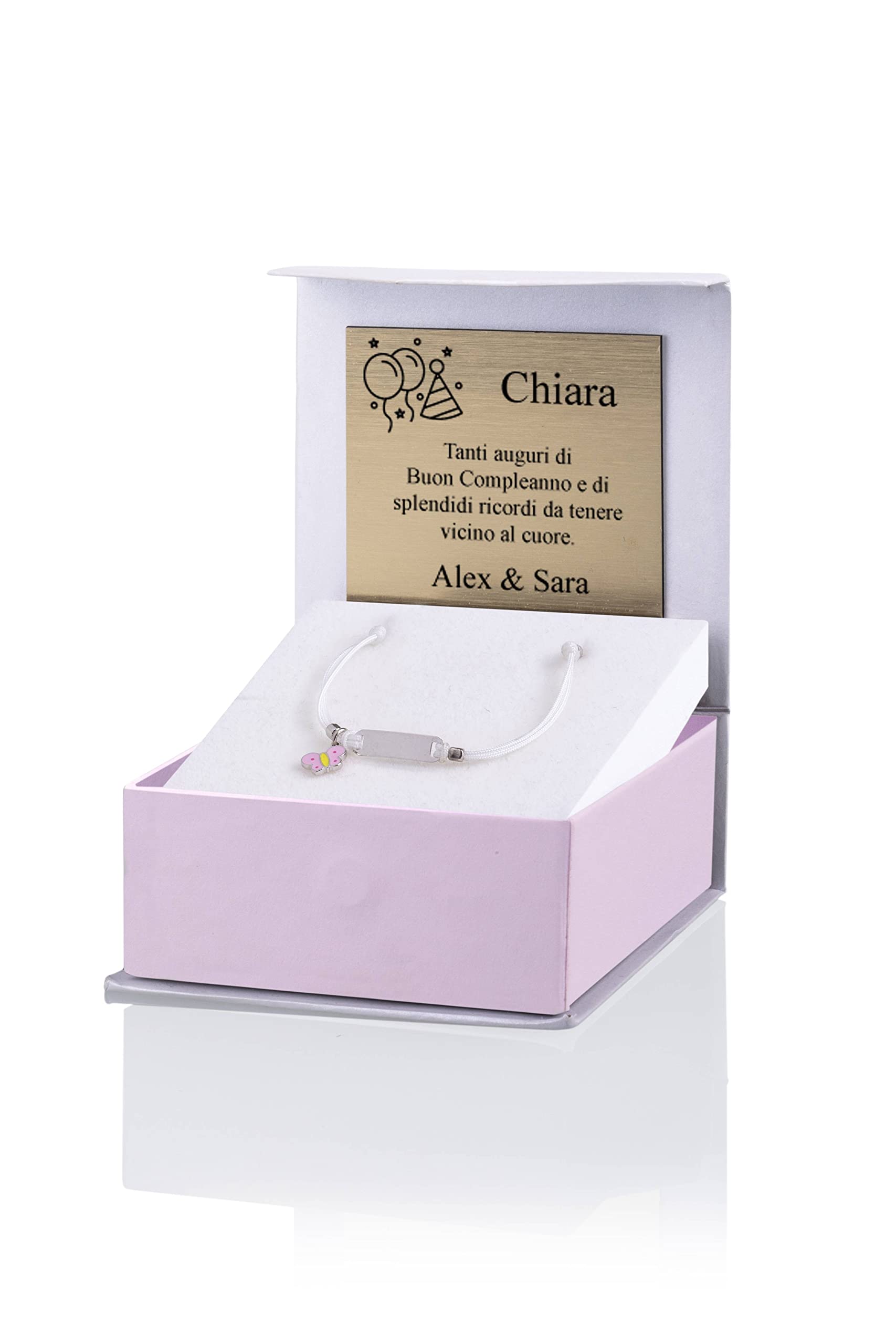 Sakrami Pulsera Plata 925 Bebé Cordón Blanco Mariposa Rosa Placa Grabable Colección Kids + Caja de Regalo Personalizada - Pulsera de Nacimiento Comunión o Bautismo