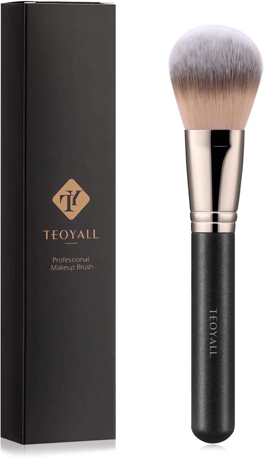 TEOYALL Powder Setting Brush, Ultra Plush Synthetic Bristles, Black, Wood Handle, Silver Ferrule, Kabuki Brush, For Setting Powder, Foundation