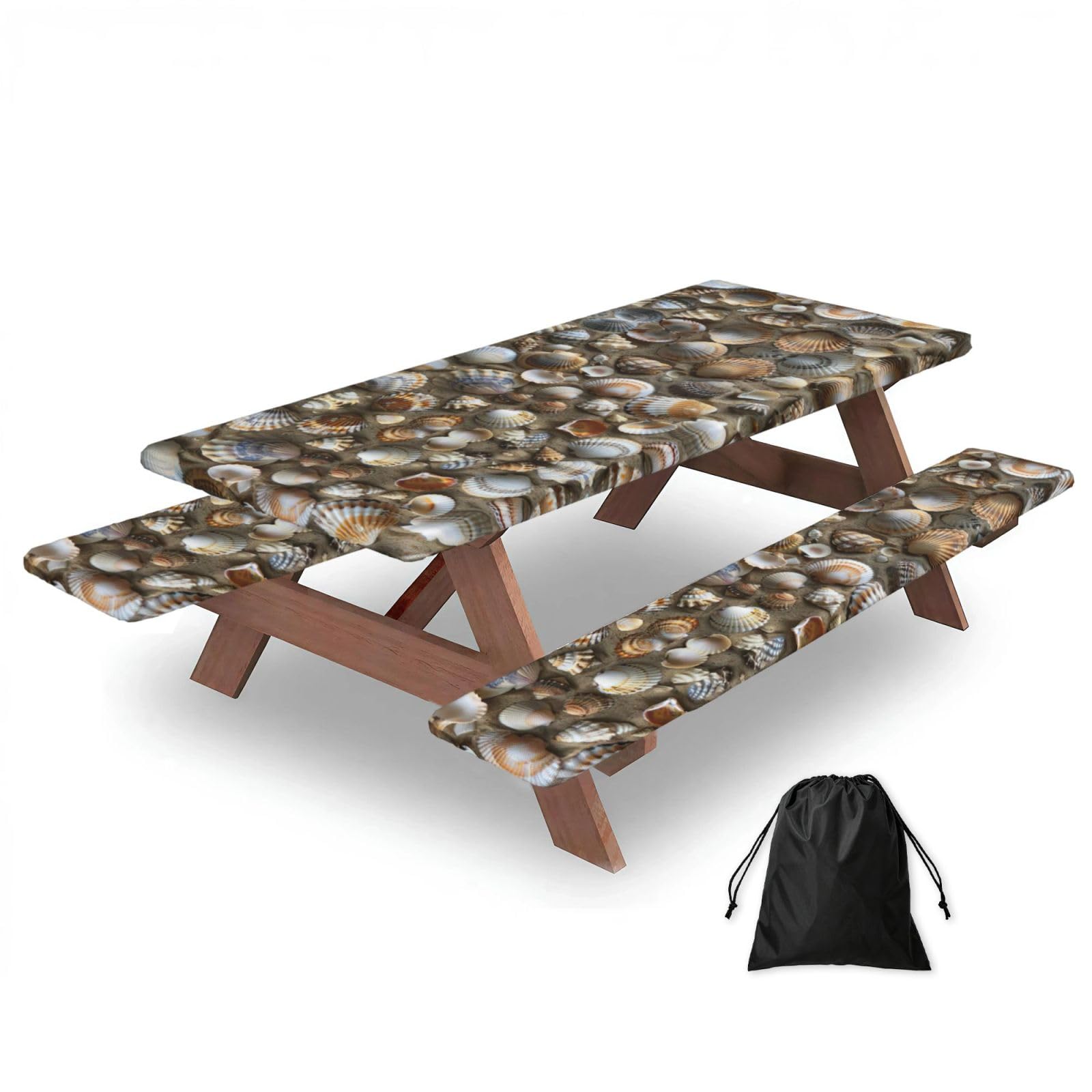 Zyjhyy Black Seashells Sand Print 3 Pack Wipeable Picnic Bench Cover And Table Cover Lightweight Table Cloth For Camping Outdoor