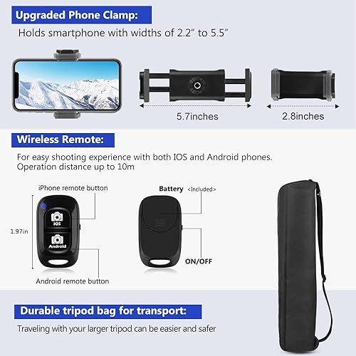 Miniatura 5 de Aureday Trípode de cámara de 74 pulgadas con bolsa de viaje trípode de teléfono celular con control remoto inalámbrico y soporte para teléfono