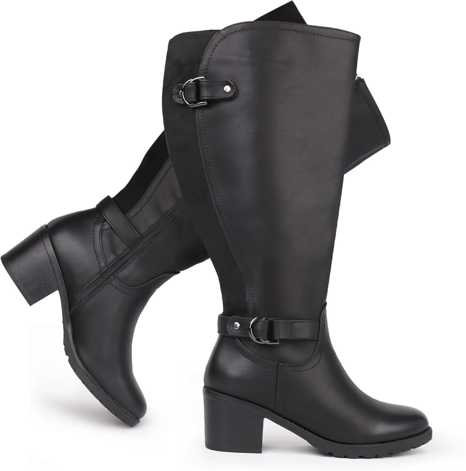 Women's Extra Wide Calf Knee High Riding Boots with Block Heel and Decorated Double Buckle